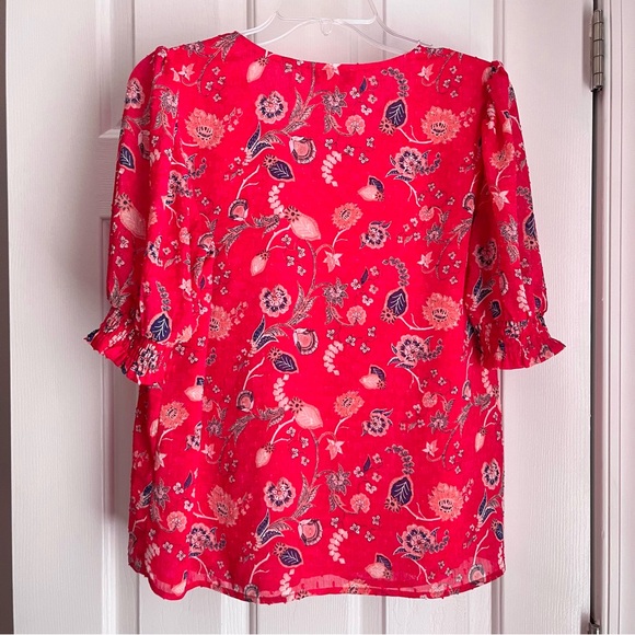Rachel Zoe Pink Navy Blue Floral Lined Blouse Gathered Puff 3/4 Sleeves Size M - Picture 6 of 14